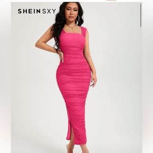 Elegant Pink Ruched Maternity Dress